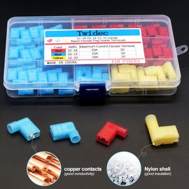 Twidec/110Pcs Nylon Flag Spade Female Insulated Terminals 22-18 18-14 12-10 Gauge Quick Disconnects Electrical Crimp Terminals Connector Assortment Kit for Electrical Wiring Car Audio Speaker N-006