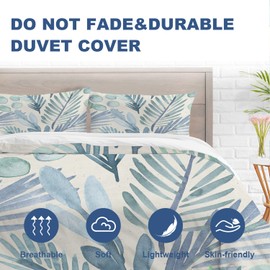 Batmerry Delicate Teal Leaves Twin Size 3 Pieces Bedding Comforter Cover Sets,Soft Fluffy Watercolor Floral Botanical Blue Leaf Pattern Printed Duvet Cover for All Season