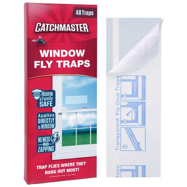 Window Fly Traps by Catchmaster - 48 Count, Ready to Use Indoors. Insect, Bugs, Fly & Fruit Fly Glue Adhesive Sticky Paper - Waterproof Easy Application Ready Disposable Non-Toxic
