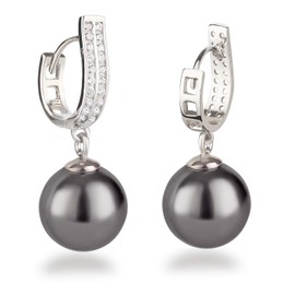 Schöner-SD Pearl Hoop Earrings with Large Pearls 925 Silver Rhodium, Sterling Silver, Pearl