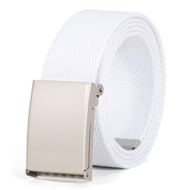 WHIPPY Canvas Web Belt Flip-Top Solid Black Military Buckle Fully Adjustable Mens Webbing Belts Cut To Fit White L(silver Buckle)