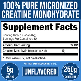 Bucked Up Pure Micronized Creatine Monohydrate for Women and Men - Easy to Mix and Unflavored - 5G Per Serving - 50 Servings - 250 Grams Per Container