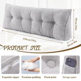 Wenqik Triangular Headboard Wedge Pillow Fleece Backrest Bedside Cushion Pillow Queen Size Support Pillow for Sitting up in Bed Bolster Pillow for Reading with Removable Cover, 59 x 20 x 8 Inch