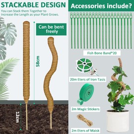 VIPNAJI Monstera Trellis, 4 Pack 70 cm Plant Stake Coir, Flexible Moss Rod for Monstera, Rod for Climbing Plants, Natural Plant Support with Accessories, Cable Ties, Rolled Wire, Jute Cord etc