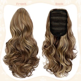 Felendy 15" Ponytail Extension Drawstring Curly Wavy Ponytail Hair Extensions Clip in Long Pony Tails Hairpieces Cute Synthetic Hair Piece for Women Light Brown Mix Ash Blonde