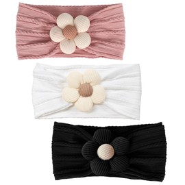 3 Pieces Baby Flower Headband, Nylon Baby Headbands, Soft Hair Bands, Baby Accessories for Newborns, Toddlers (White Black Pink)