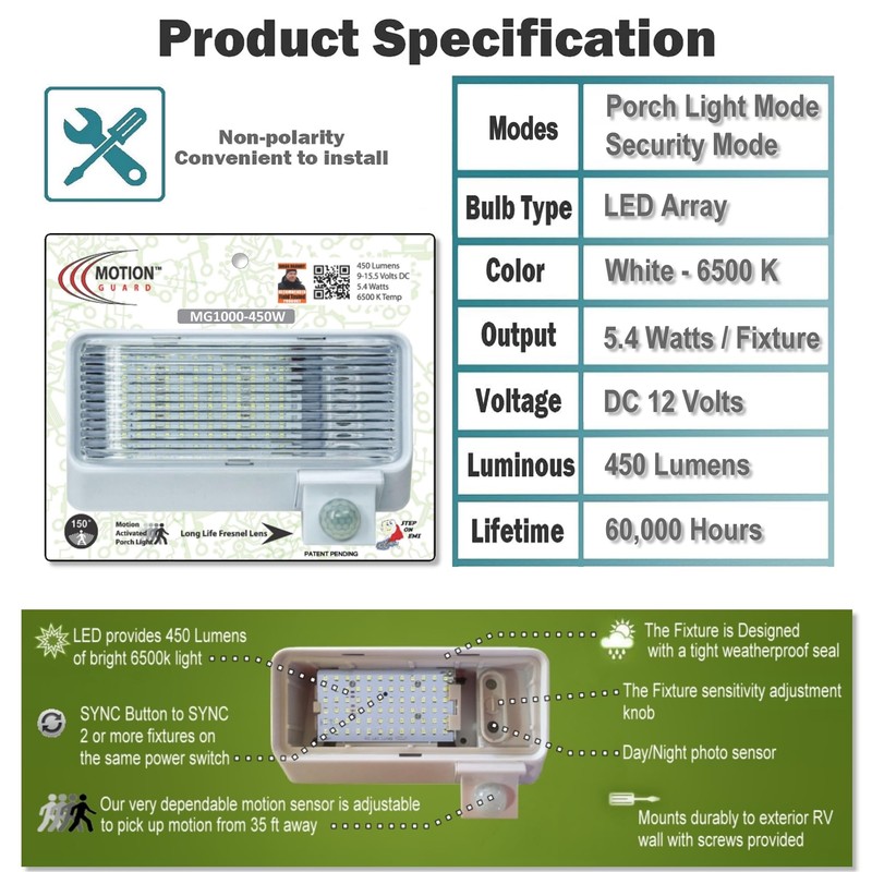 MOTION-GUARD MG1000-450W-A RV LED Motion Sensor Porch Light, 450 Lumens,