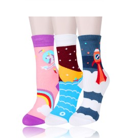 Benefeet Sox Fun Socks for Women Funny Novelty Cute Unicorn Cat Paw Animal Socks Patterned Funky Colorful Rainbow Tie Dye Crew Socks Casual Fancy Cotton Dress Socks 3 Packs（Unicorn Ocean Space）