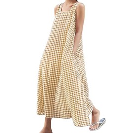 chouyatou Women's Casual Loose-Fit Cotton and Linen Plaid Tank Maxi Dress with Pockets (Large, Khaki)