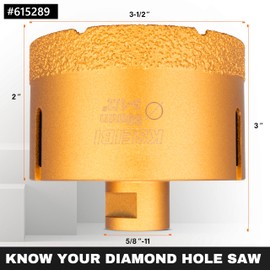 KSEIBI 615289 Diamond Hole Saw, 3-1/2 Inch (89mm) Diamond Core Drill Bit for Porcelain, Ceramic, Granite Drill Bits, Brick, Marble, Dry Cutting, 5/8"-11 Thread, Angle Grinder Compatible
