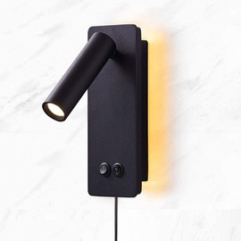 MOLUOLA LIGHTING LED Reading Wall Lights for Bedroom, Backlight Night Wall Lamp, Plug in Cord Adjustable Wall Sconces, Book Reading Lamps, Backlight 3W+12W 3000k Warm Wall Light (Black)