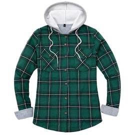 Women's Button Down Flannel Shirt Hoodies Jacket Thermal Fleece Lined Plaid Flannel Shirt with Hood Green L