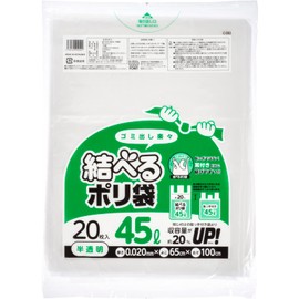 CORE C-002 C-002 Tiable Plastic Bags, Translucent, 16.5 gal (45 L), Size (W x D x H): 25.6 x 39.4 x 0.00008 inches (65 x 100 x 0.02 mm), Storage Capacity Increased by Approximately 20% with Ears, 20 Pieces