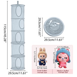 2Pcs Hanging Mesh Space Saver Bags Organizer, Foldable Storage Organizer 5 Compartments Toy Storage Organizer for Kid Room Toys, Gloves, Hats, Socks Storage Grey