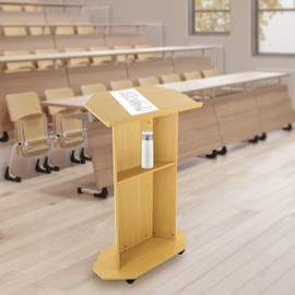 DYNAMI Movable Podium Wood Stand,Floor Standing Podium, Wooden Speaking Lectern with Wheels&Storage Shelf,for Church, Classroom, Office, Restaurants (Oak Color,with Wheels)