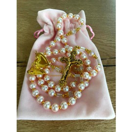AMPALS Rose Rosary Powder Pink Gold Imitation Pearl, Imitation pearl, Pearl