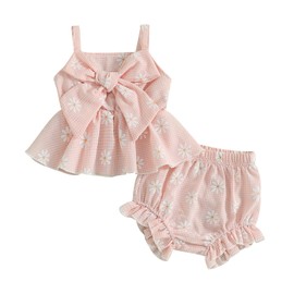 XIXIMAON Newborn Baby Girl Lovely Outfits Sleeveless Daisy Plaid Print Big Bow Ruffle Cami Top Elastic Shorts Set 2pcs Infant Girl Summer Holiday Clothes (Pink, 6-9 Months)