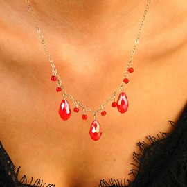 Inilbran Boho Ruby Drop Pendant Necklace Vintage Water Drop Tassel Dangle Necklace Red Crystal Water Drop Choker Necklace Adjustable Tear Pearl Chain Necklace Jewellery for Women, Zinc, No Gemstone