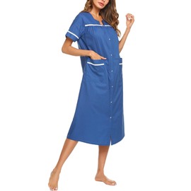Ekouaer Womens Snap Front Dusters Cotton Housecoat Short Sleeve Nightgown House Dress With Pockets Navy L