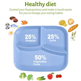 Orrdiffi Dinner Plates 4pcs Unbreakable Divided Plates 3 Sections Portion Control Diet Plate Tray with compartments Plastic Dinner Set Reusable Dishes Set,BBA Free, Healthy pp for Adults Kids