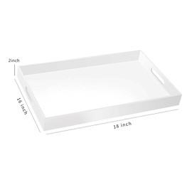 18×16 Inch Glossy White Acrylic Serving Tray with Handles Extra Large Ottoman Tray Decorative Tray Spill-Proof Coffee Table Space Saver Oversize Counter top Organizer Platter with Safe Edge