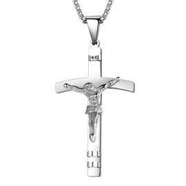 JewelryWe Jesus Crucifix Cross Necklace: Unisex Silver Stainless Steel Men Women Religious INRI Pendant 22+2 Inch Adjustable Wheat Chain