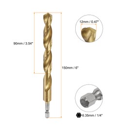 sourcing map 1/4" Hex Shank Twist Drill Bits 12mm Titanium Coated High Speed Steel Quick Change Hex Drilling Bit Jobber Drill Bits for Wood Plastic Metal, Gold
