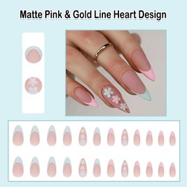 ANDGING Matte Pink Press on Nails Almond Short Medium French Tip fake on Nail for Women Fake Nail with Gold Line Heart Designs Artificial False Stick on Nail Gel Manicure Acrylic for Wedding