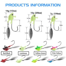12pcs Fishing Jigs Underspin Jig Heads with Willow Blade Bass Swimbait Jig Hooks Crappie Panfish Bass Trout Fishing Lures 1/4oz 3/8oz 1/2oz