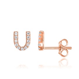PAVOI 14K Rose Gold Plated Sterling Silver CZ Alphabet Letter Earrings | Initial Earrings for Women | Letter U