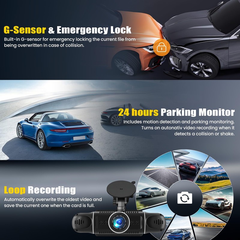 CAMECHO 4 Channel Dash Cam Car, 360° Rotatable Front Rear