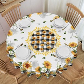 Sunflower Table Cloths, Rustic Black White Buffalo Spring Summer Yellow Floral Flower Daisy Boho Vintage Coffee Table Cover Decor for Kitchen Dining Room Outdoor Home Party, 36" Round