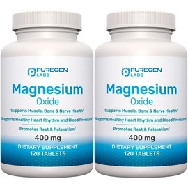 Puregen Magnesium Oxide 400mg High Potency Supplement 120 Tablets 2 Pack