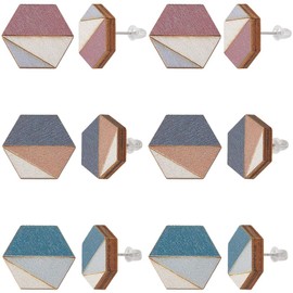 SUNNYCLUE 1 Box of 6 Pairs Wooden Bohemian Stud Earrings Hexagonal Cabochon Geometry Flat Round Coconut Brown Cadet Blue Fashionable Stud Earrings for Women Adults Friends Holiday Gifts
