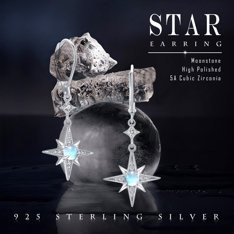 REDSUN Moonstone Earrings 925 Sterling Silver Eight-Tone Star / Moon