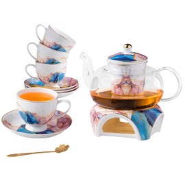 Jusalpha Fine China Rainbow Galaxy Series Glass Tea Pot with Infuser-Teapot Warmer Teacup and Saucer Set with Spoon in Gift Box- 16 pcs in 1 set, (FD Glass pot set 08)