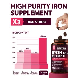 Vitacook Iron Supplement for Women Men, High Potency Iron 65mg with Vitamin C 250mg, Stomach Friendly Iron Pills for Red Blood Cell & Immune Support, Non-GMO & Gluten Free,180 Vegan Tablets
