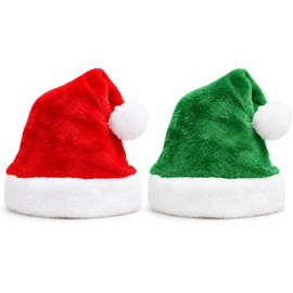 2-Pack Christmas Santa Hats for Adults and Kids – Red and Green Soft Plush Holiday Hats with White Trim for Christmas Parties and Family Photos