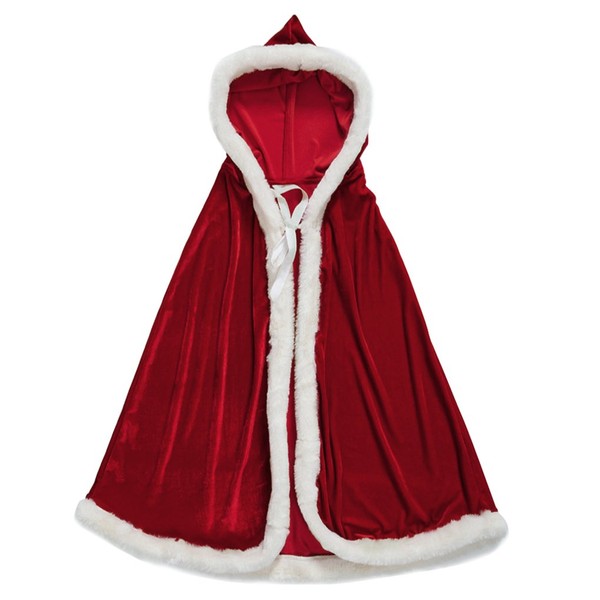 Women Christmas Costume Mrs. Santa Claus Deluxe Velvet Hooded Cape Robe Cardigan Cloak Dress Halloween Role Play Party Dress Outfit for Christmas Masquerade Party 150cm