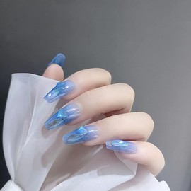 mallnoo Nail Tips, Set of 24, Blue Color, Heart-shaped Relief, Receptions, Parties, Afterparties, Weddings, Refreshing Nails