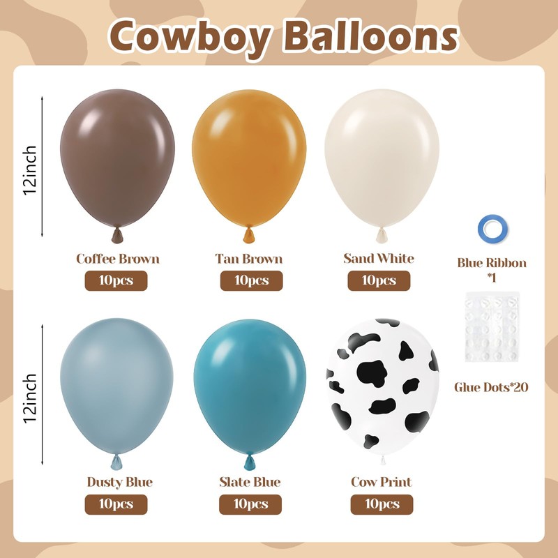 60pcs Cowboy Balloons, Brown Slate Blue Dusty Blue Sand White
