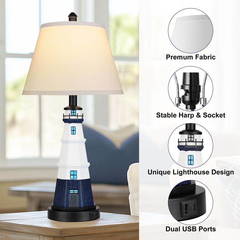 WIHTU Modern Lighthouse Table Lamps Set of 2, White Navy