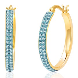 Gold Plated Sterling Silver Aqua Bohemica Crystal Stone Gold Plated Hoop Earrings for Women | 22MM Hypoallergenic March Birthstone Earrings | Anti-Tarnishing Aquamarine Earring by MAX + STONE