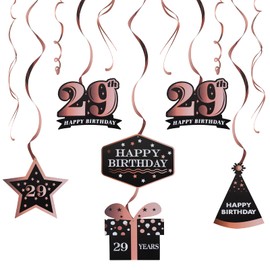 LINGTEER Happy 29th Birthday Decorations,29th Birthday Black with Rose Swirls Hanging Streamer Kit,Cheers to 29 Years Old Bday Foil Party Photo Backdrop Supplies.