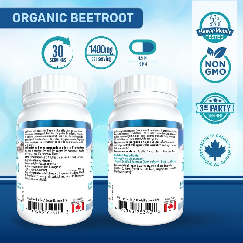 Organic Beet Root Supplement - 60 Beetroot Capsules, 1400mg/Serving (700mg