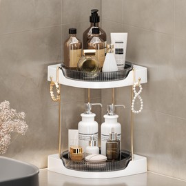 DOADW 2 Tier Bathroom Counter Organizer Corner - 360° Rotating Makeup Organizer Skincare Countertop - Lazy Susan Bathroom Organizers and Storage with 2 Hook (Gray)