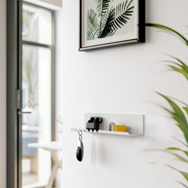 byde Helke Wall Shelf, 30 x 6 x 6 cm, 5 Hooks and Cable Holder, Hanging Shelf Made of Powder-Coated Sheet Steel, Key Rack Organiser and Letters for Entrance, Kitchen, Office, Grey Colour