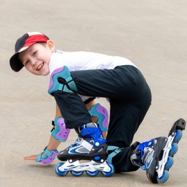 BOSONER Knee Pads for Kids Roller-Skating - Adjustable Protective Gear Set Knee Elbow Pads Wrist Guards for Bike Cycling Skateboarding Scooter Gifts 3-7/8-14 Years Boys Girls (Blue Purple)