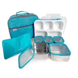 Stainless Steel Kids Bento Lunch-Box with Lunch Bag Ice Pack for Toddler Kids Adult, Leak-Proof School Lunch Container Boxes, Snack Food Containers for Daycare, 5 Compartment Snackle-Box 34 oz Blue