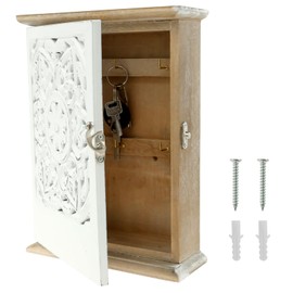 NIHUIFDPY Key Cabinet Wall Mounted with 6 Key Hooks, Decorative Hollow Design Key Box, Vintage Wood Metal Key Holder, Minimalist Wall Key Safe Cupboard for Home Office Entryway